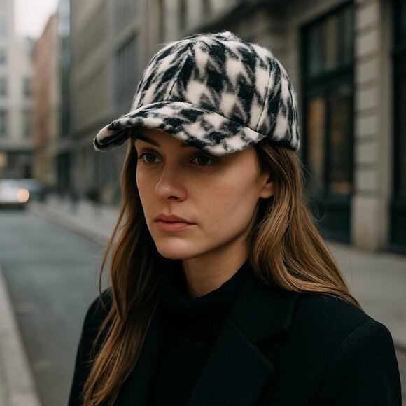 Brushed Wool-Blend Houndstooth Baseball Cap — Black & White, Adjustable, Winter - Picture 2 of 12